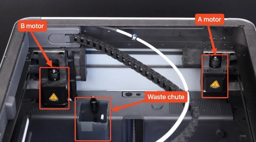 Bambu Lab X1 internal parts labeled: A and B motors, waste chute. Plastic pieces and wiring visible inside 3D printer housing.