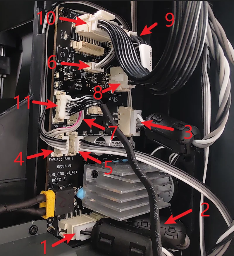 3D printer electronics layout for Bambu Lab X1 with numbered wiring connections, circuit board, and components, showcasing internal structure and setup.