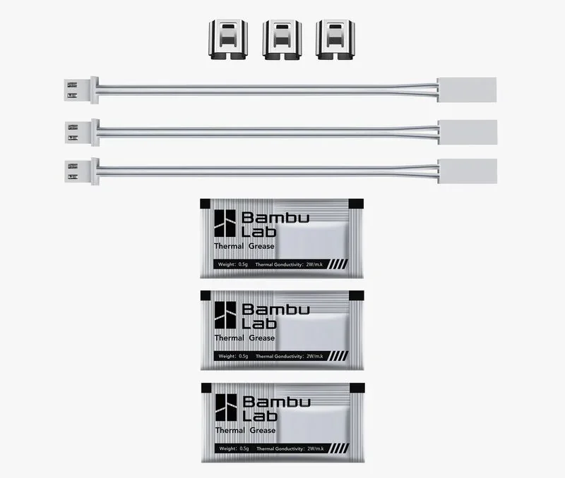 Bambu Lab X1 components: 3 heat sensors, 3 thermal pads, and 3 packs of branded thermal grease displayed on a white background.