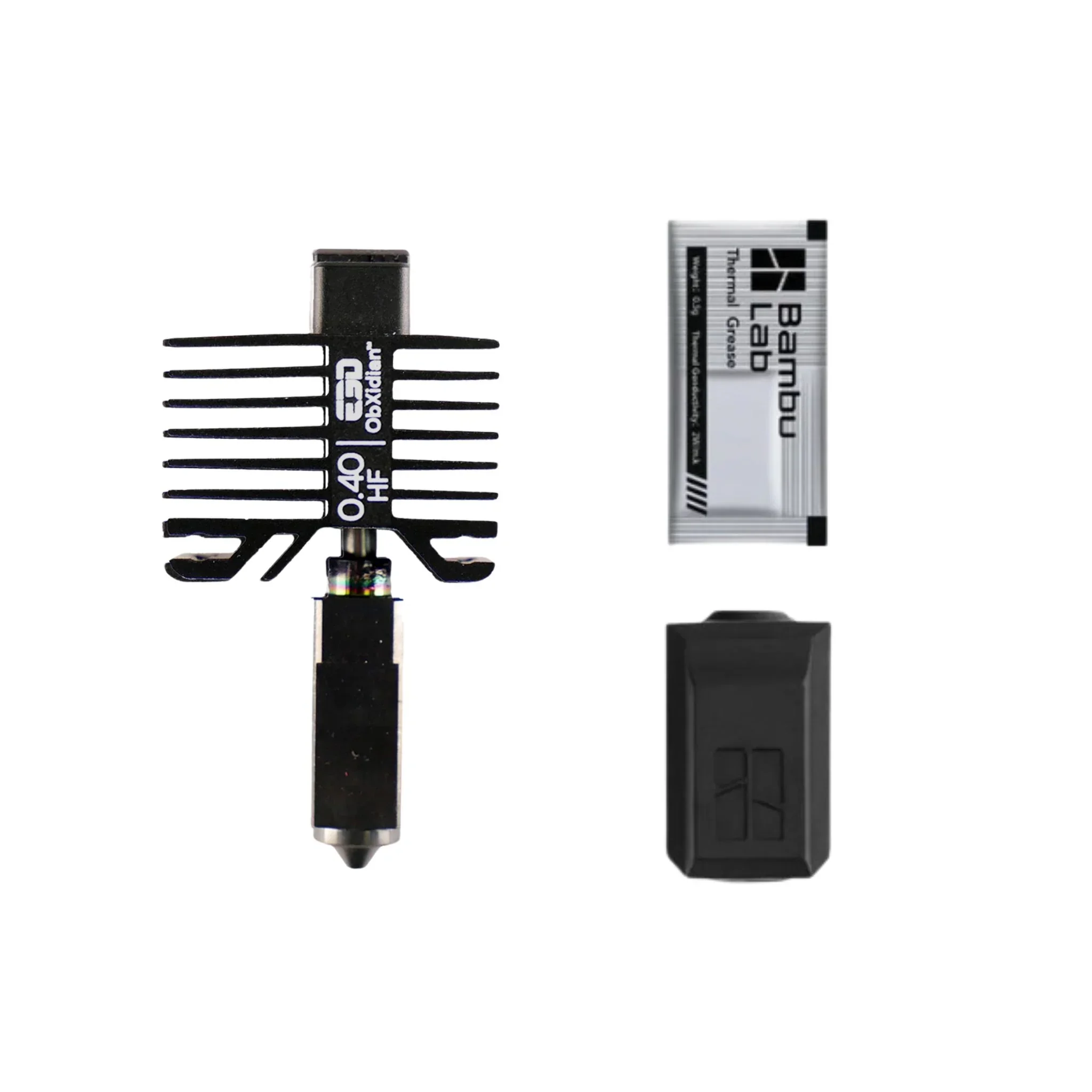 Bambu Lab X1 nozzle, thermal grease, and component displayed with branding, showcasing parts created by the Bambu Lab X1 3D printer.