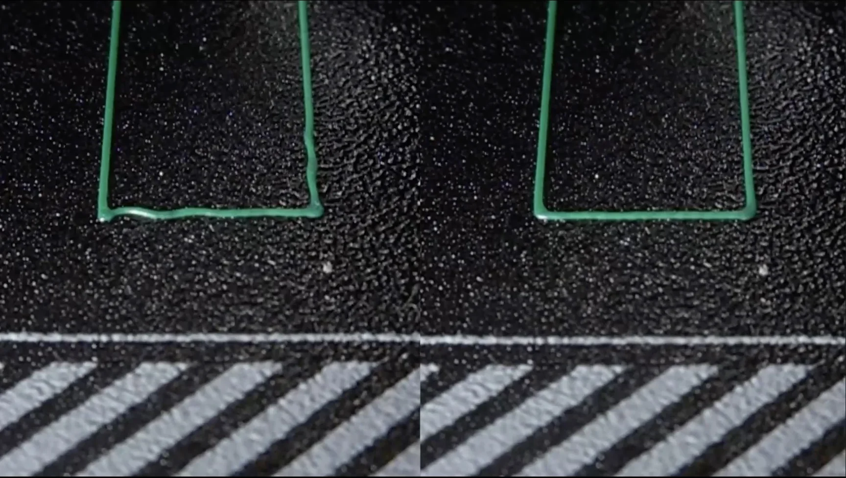 Green rectangular shapes on black textured surface, showcasing prints created by Bambu P1P 3D printer. Striped zone in foreground, indicating print area.