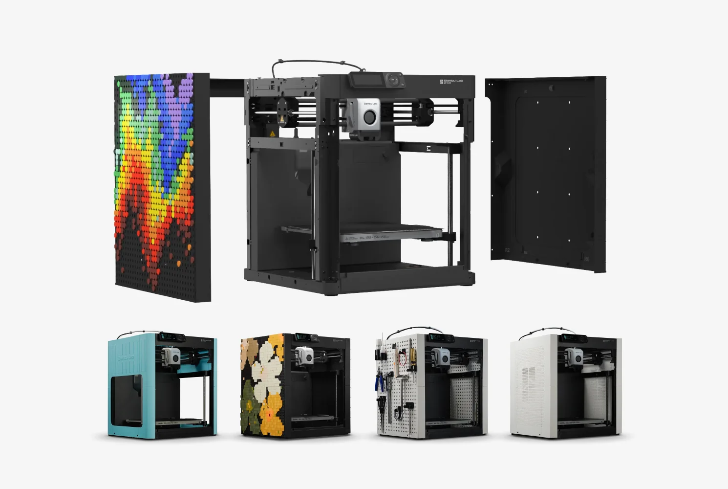 Bambu P1P 3D printers with customizable panels, shown in various colorful designs. Panels likely created by the Bambu P1P model.