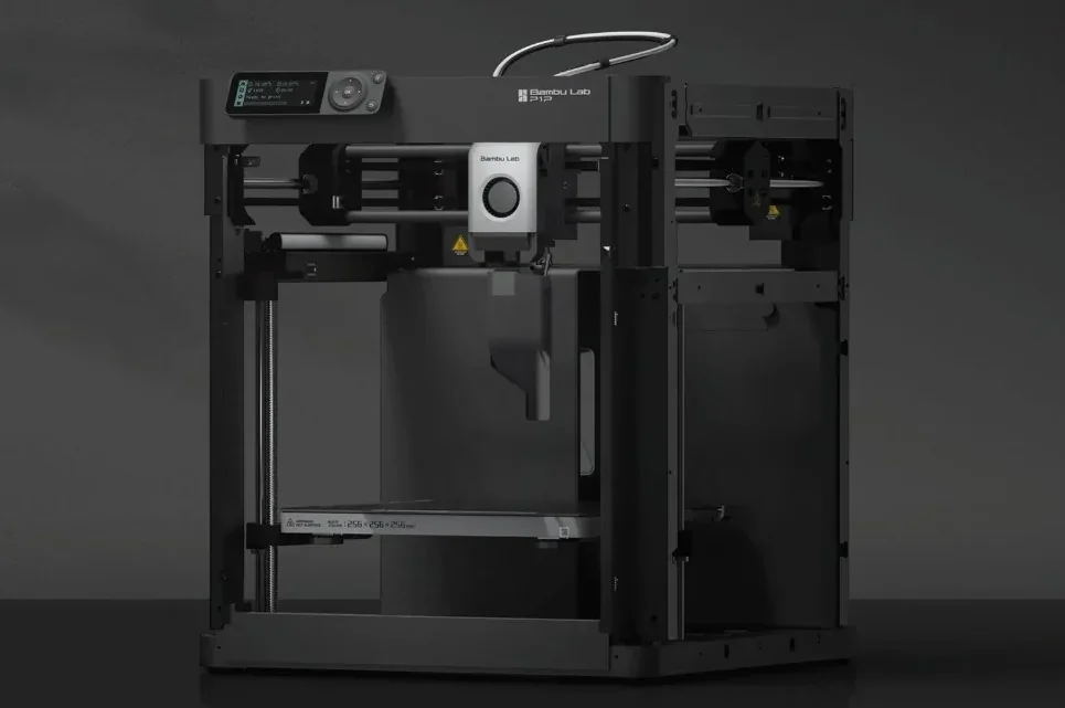 Bambu P1P 3D printer with sleek black design featuring brand logo and spacious build area, used for creating precise models and parts.