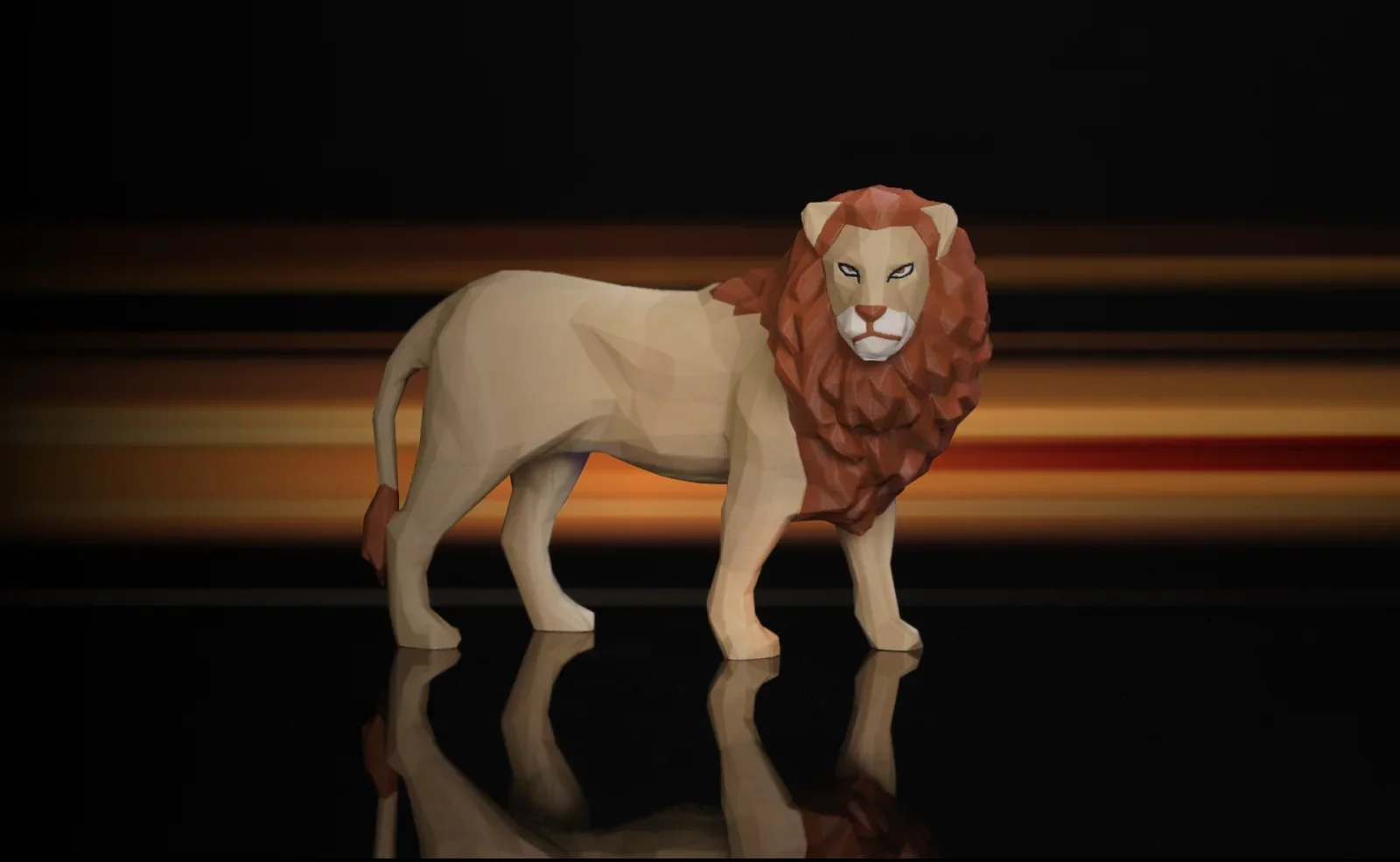 3D-printed geometric lion figurine, designed by Bambu P1S, in tan and brown shades, against a sleek black and brown gradient backdrop.