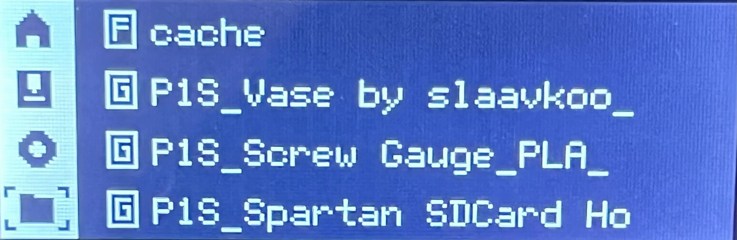 Bambu P1S printer display showing files: P1S Vase, Screw Gauge PLA, and Spartan SDCard Holder for 3D printing.