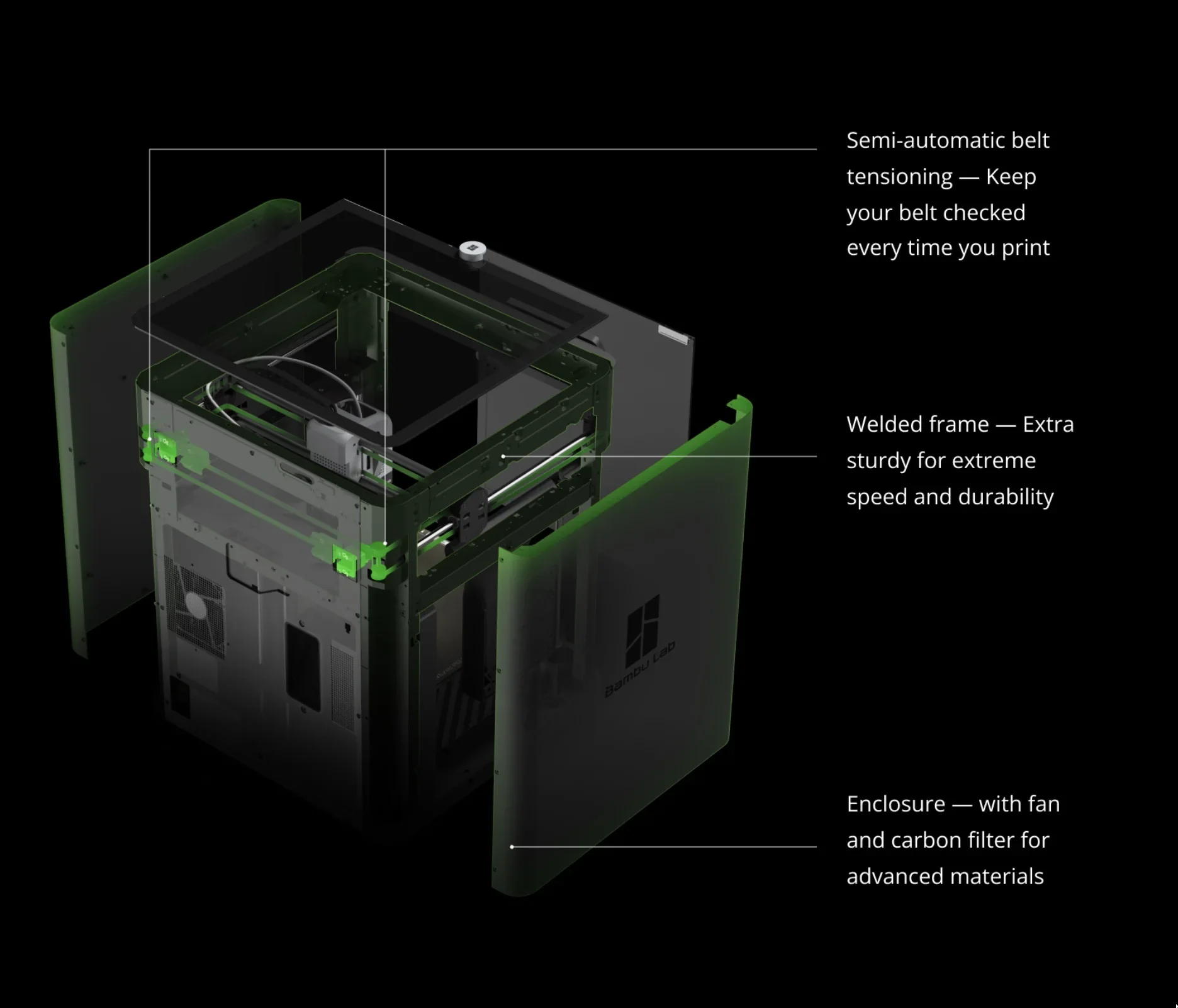 Bambu P1S 3D printer with semi-automatic belt tensioning, welded frame, and enclosure with fan and carbon filter, designed for advanced materials.