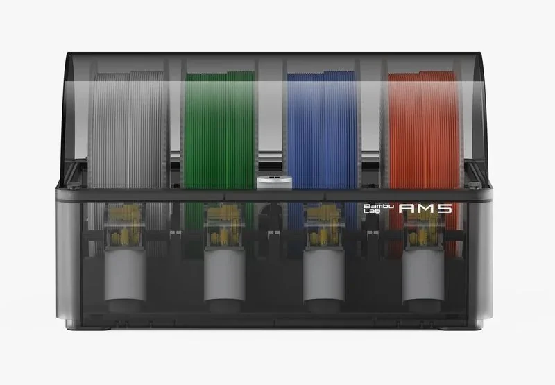 Bambu Lab AMS unit with four filament rolls in gray, green, blue, and red, designed for Bambu P1S 3D printer.