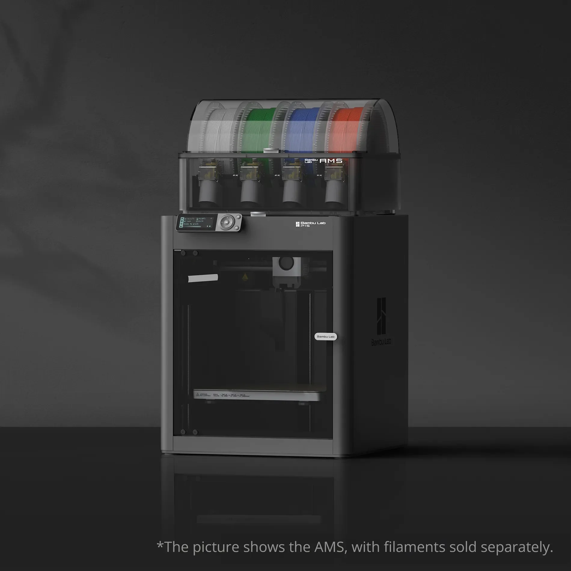 Bambu Lab P1S 3D printer with AMS and multicolor filaments in a sleek, dark setting, showcasing innovative design for high-quality printing.