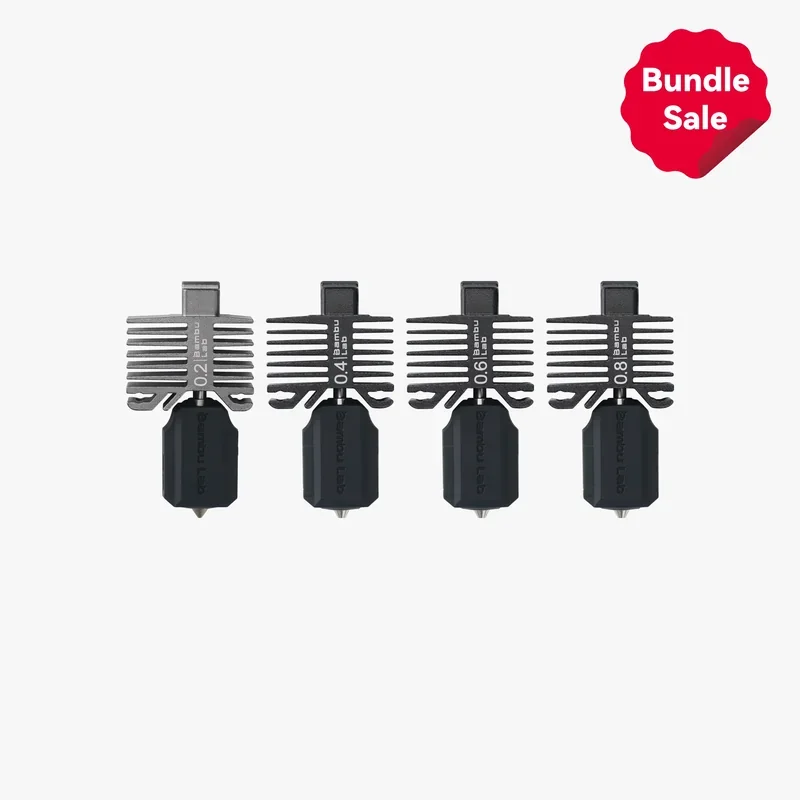 Bambu P1S 3D printer nozzles in four sizes displayed in a row, labeled 0.2, 0.4, 0.6, and 0.8, with "Bundle Sale" badge on white background.