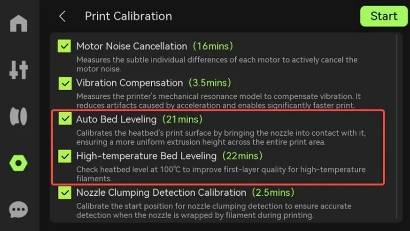Bambu P2S print calibration menu with options like Auto Bed Leveling and High-temperature Bed Leveling, each with estimated time durations.