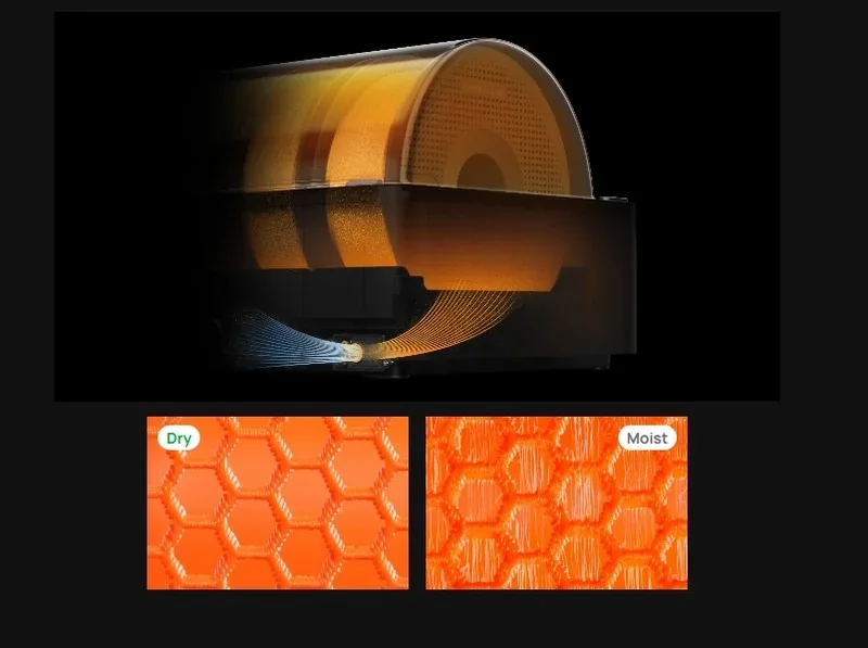 Bambu P2S 3D printer filament system shown with dry vs moist texture samples, showcasing filament quality management.