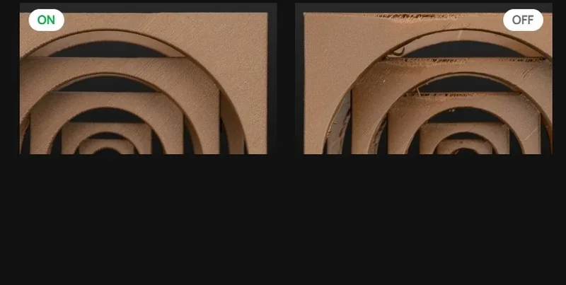Bambu P2S 3D printer test samples show circular patterns; "ON" sample is smoother, "OFF" sample has rougher edges.