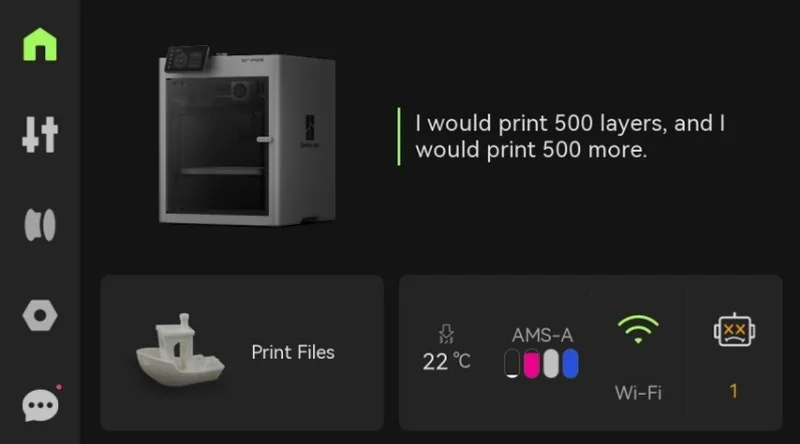Bambu P2S 3D printer interface shows 3D printer image, quote, temperature control, Wi-Fi status, and print file icon with printed boat sample.
