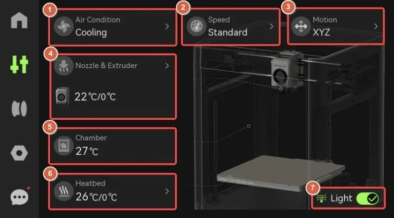 Bambu P2S 3D printer control panel showing air conditioning, speed, motion settings, nozzle, chamber, heatbed temperatures, and light status.