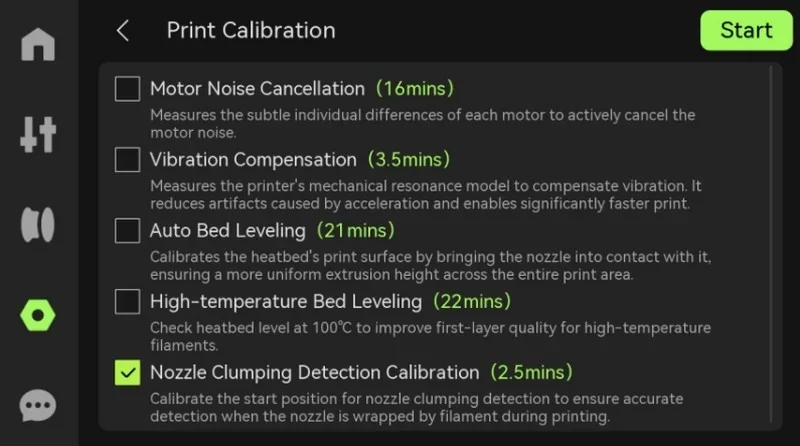 Print calibration settings for Bambu P2S 3D printer including motor noise cancellation, vibration compensation, bed leveling, and nozzle clumping detection.