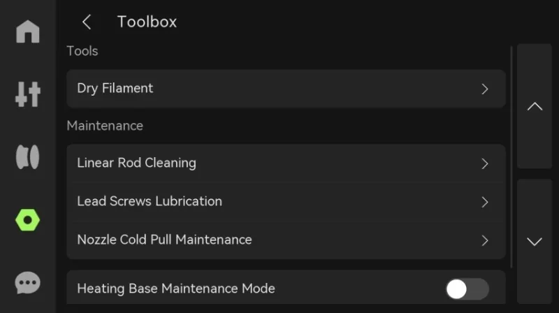 Bambu P2S 3D printer interface showing maintenance options like Dry Filament, Linear Rod Cleaning, and Heating Base Maintenance Mode toggle.