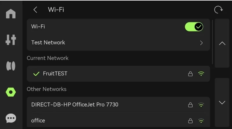 Wi-Fi settings menu displaying network options for a Bambu P2S 3D printer, connected to "FruitTEST" network with other available networks listed.