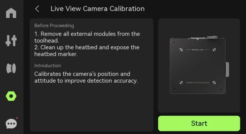 Bambu P2S 3D printer calibration screen with instructions and heatbed diagram for camera adjustment. Start button highlighted in green.