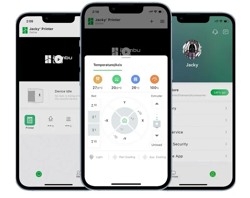 Bambu P2S app interface on 3 smartphones; monitors temperature and axis controls, shows device status and user profile in a sleek design.