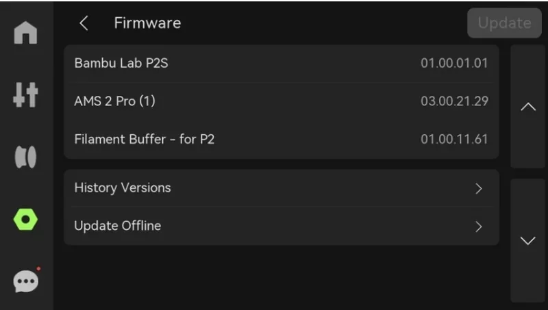 Bambu Lab P2S firmware update screen, showing options for AMS 2 Pro, Filament Buffer, History Versions, and Offline Update.