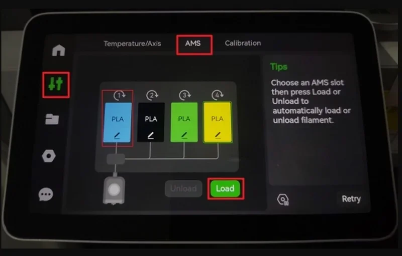 Bambu P2S 3D printer display showing AMS filament slots with four PLA colors, load button highlighted, and usage tips on a touchscreen interface.