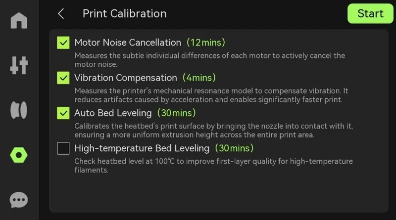 Bambu P2S print calibration screen showing settings: Motor Noise Cancellation, Vibration Compensation, Auto Bed Leveling, with timing details.