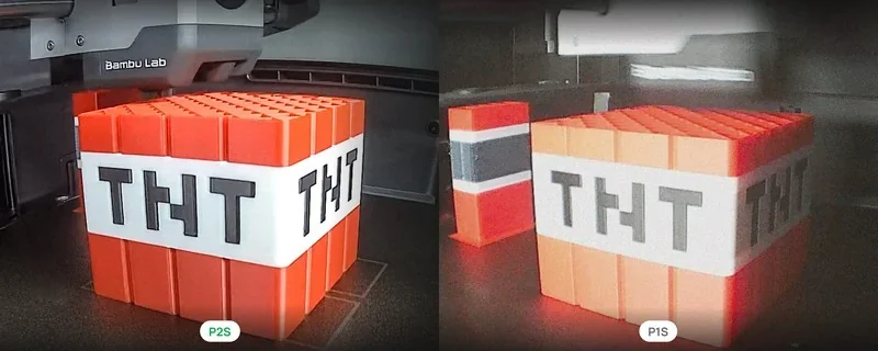Bambu P2S 3D printer crafting orange TNT blocks with white labels; comparison with P1S; both feature "THT" text on blocks.
