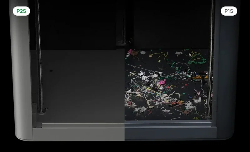 Bambu P2S 3D printer compared to P1S, showing a clean platform versus one with filament scraps and debris, highlighting print bed tidiness.