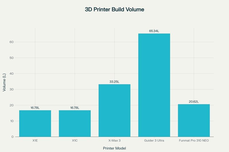 A bar chart titled "3D Printer Build Volume" compares the build capacities of various 3D printer models. The Bambu X1E and X1C both show a build volume of 16.78 liters. Other models like the X-Max 3, Guider 3 Ultra, and Funmat Pro 310 NEO have build volumes of 33.25, 65.34, and 20.62 liters, respectively. The chart uses a simple blue bar design on a light background for easy comparison.