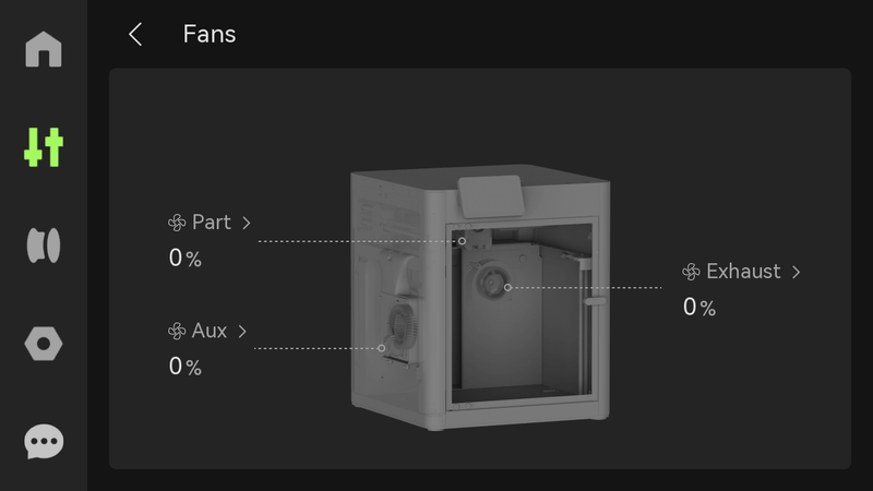Technical diagram showing the internal fan configuration of the Bambu X1E 3D printer. The image highlights three types of fans: Part, Aux, and Exhaust, each labeled with a 0% operational status. The printer is depicted in a gray, semi-transparent view, allowing visibility of the internal components. The fan positions and potential airflow paths are marked with dotted lines, providing insight into the printer's cooling system. The design reflects an emphasis on maintaining optimal printing conditions.