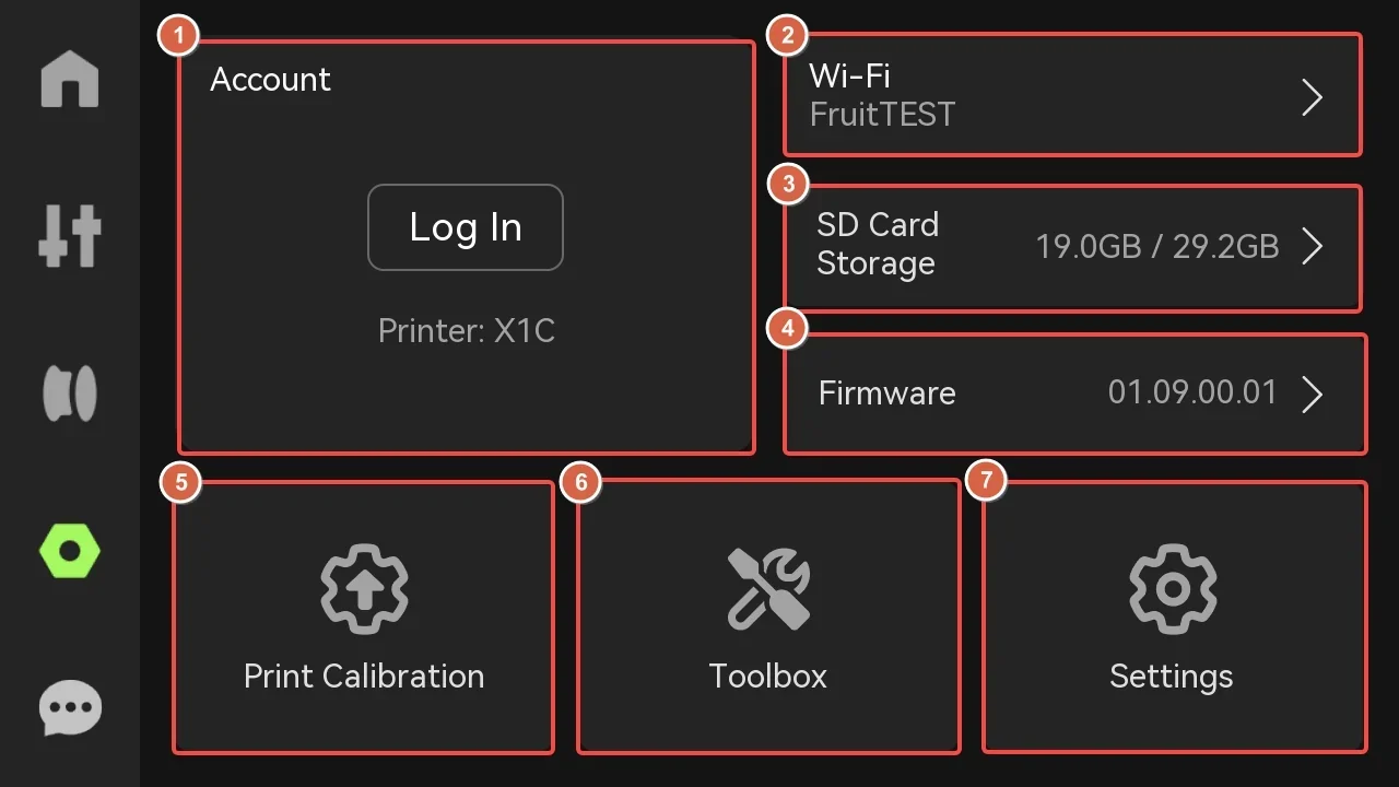 Bambu X1E 3D printer interface showing account login, Wi-Fi, SD card storage, firmware, print calibration, toolbox, and settings options.
