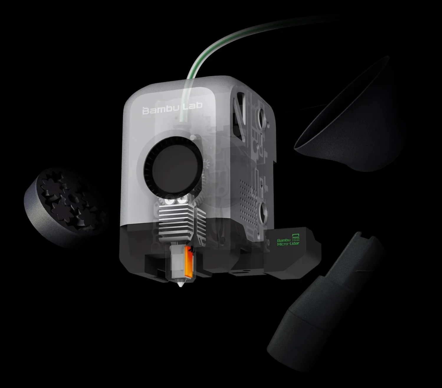 Bambu X1e 3D printer component exploded view, featuring its internal parts and printed samples, with visible branding and micro-LIDAR on a dark background.