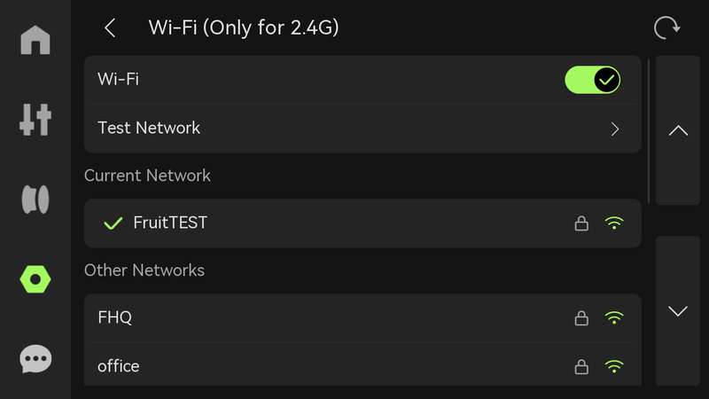 This image shows a Wi-Fi connection interface, specifying compatibility only with 2.4G networks. The interface lists available networks with the current network "FruitTEST" highlighted and selected. Additional networks like "FHQ" and "office" are displayed, with locked symbols indicating password protection. The design is intended for connectivity settings on the Bambu X1E.