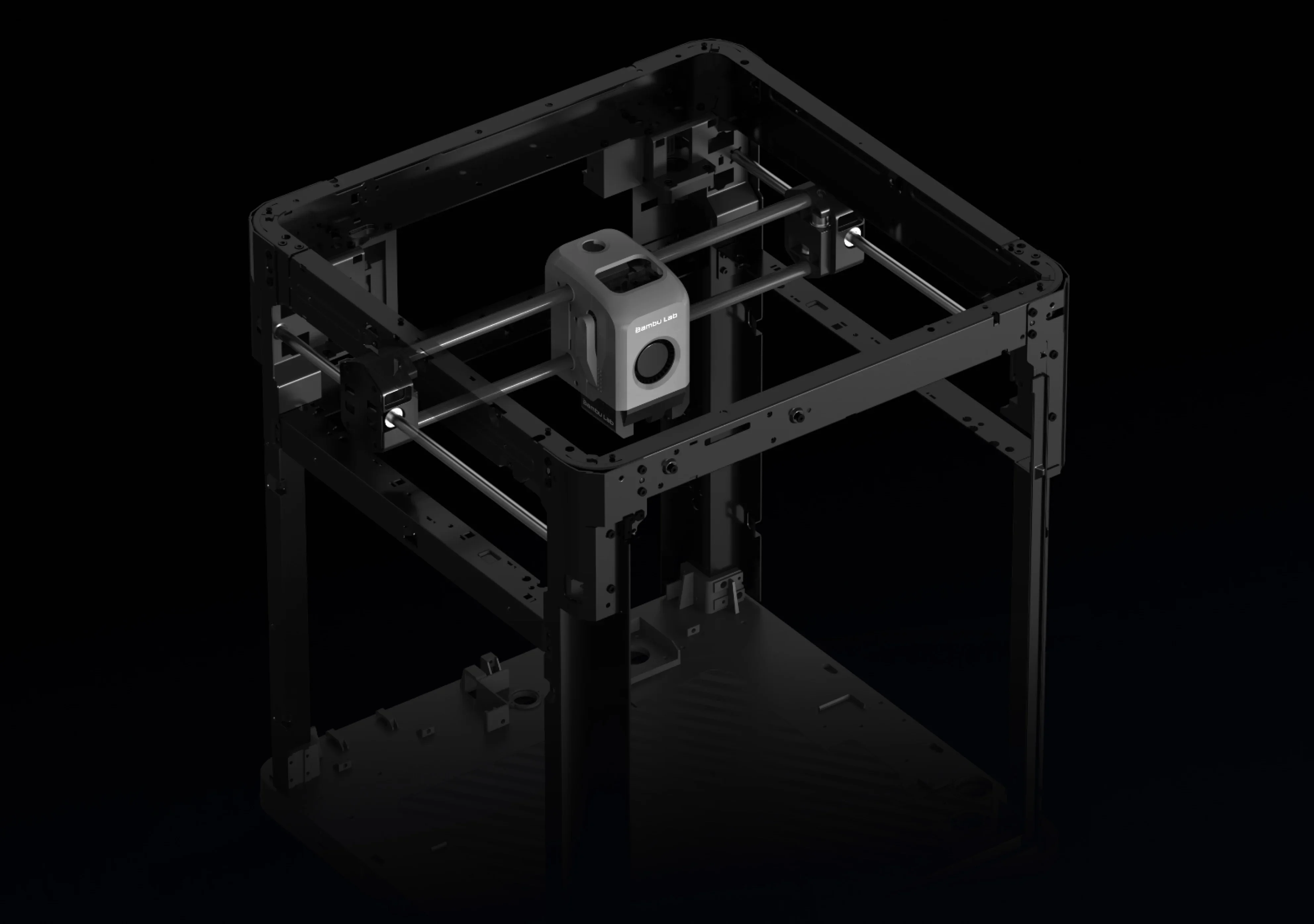 Bambu X1E 3D printer frame with visible metal structure and components, showcasing design and build quality in a dark setting.