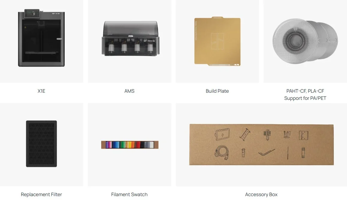 Bambu X1E 3D printer with AMS, build plate, PAHT-CF, PLA-CF spools, replacement filter, filament swatch, and accessory box, showcasing components.