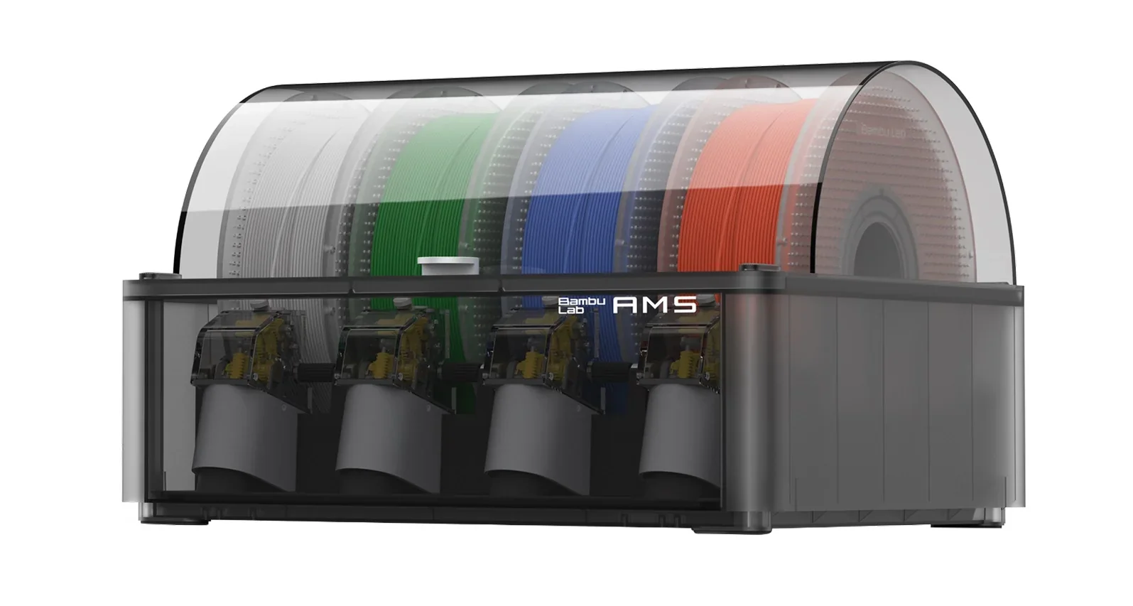 Bambu Lab AMS unit for filament storage in transparent case, holding white, green, blue, and orange filaments. Compatible with Bambu X1E 3D printer.