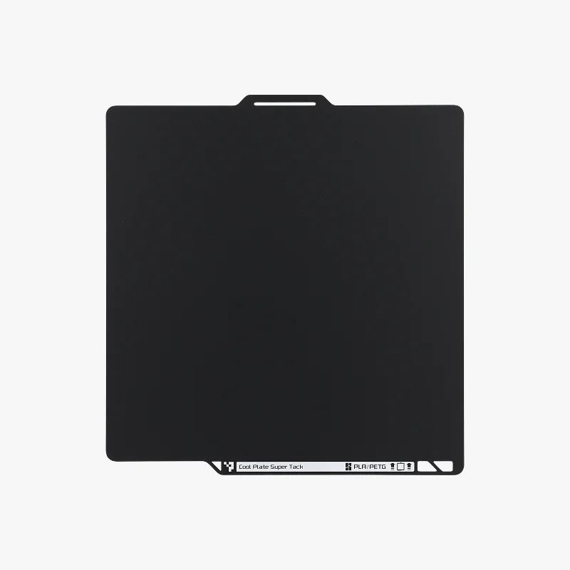 Bambu X1E 3D printer's black Cool Plate designed for PLA/PETG, featuring Super-Tack surface for enhanced print adherence.