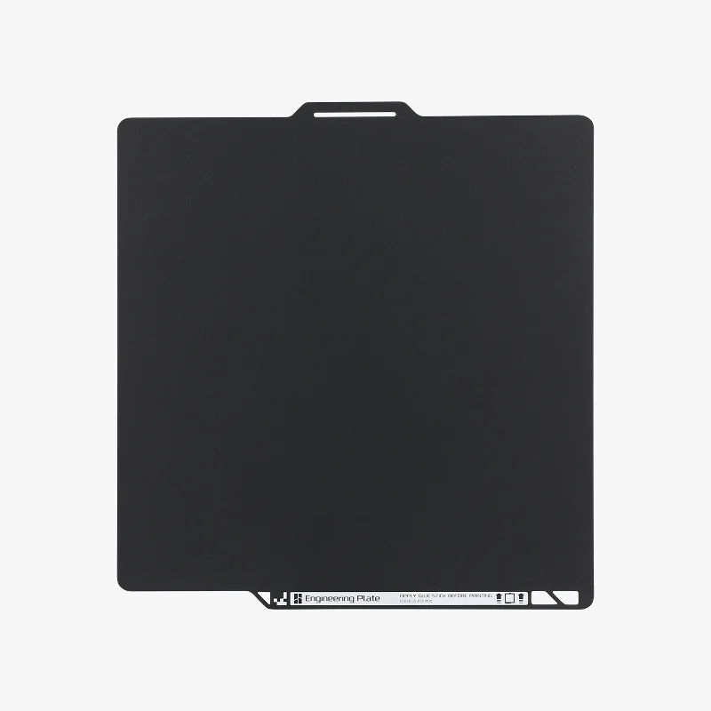 Flat square black engineering plate for Bambu X1E 3D printer with visible branding, designed to improve print adhesion and stability.