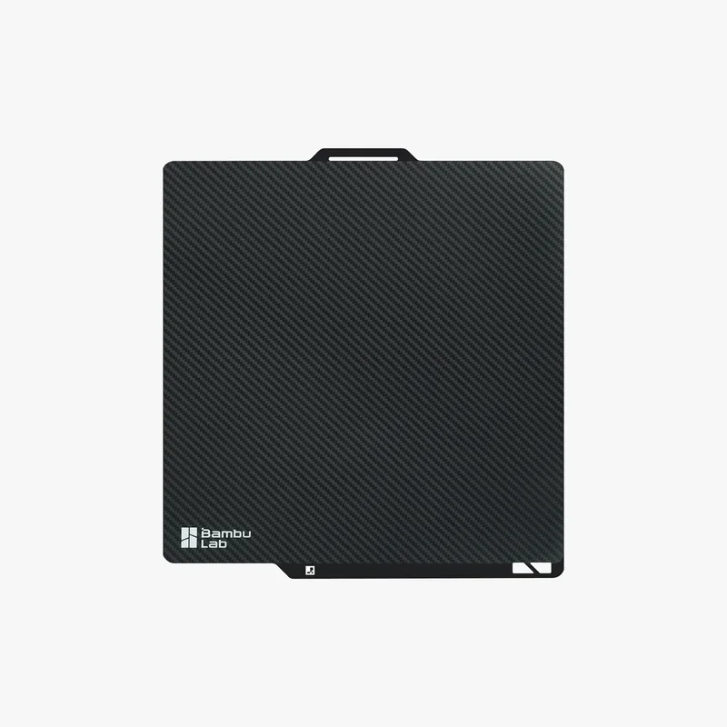 Bambu X1E carbon-texture print bed by Bambu Lab featuring a handle, on white background, designed for use with the Bambu X1E 3D printer.