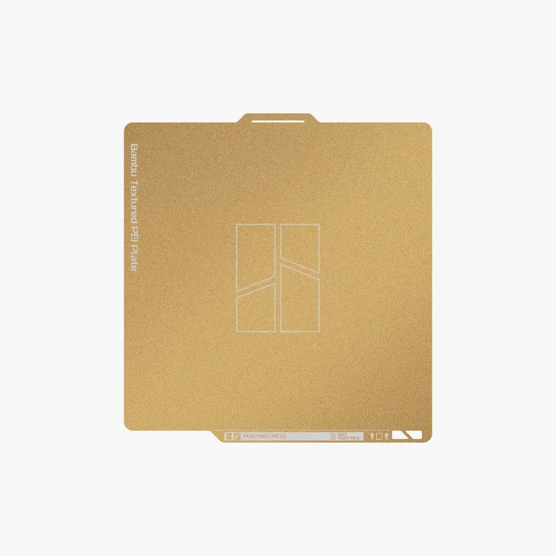 Bambu X1E textured PEI plate in gold, flat design with branding elements on the surface, used for 3D printing with the Bambu X1E.