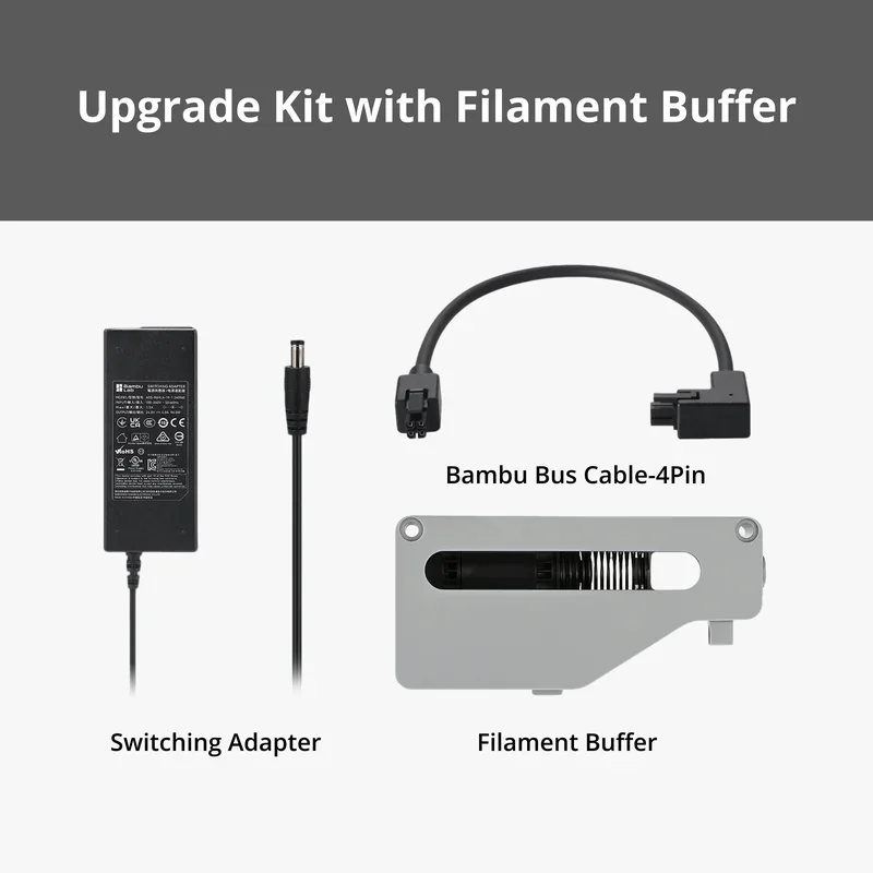 Upgrade Kit for Bambu X1E includes a switching adapter, 4-pin Bambu bus cable, and filament buffer shown on a white background.