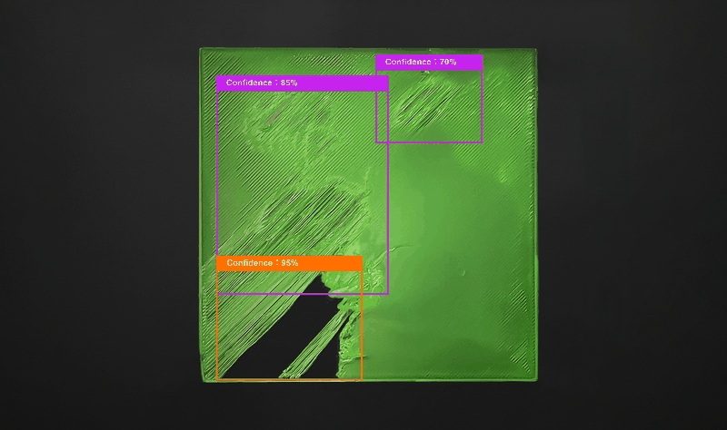 The image depicts a quality assurance feature likely associated with the Bambu X1E printer. A green 3D printed surface is shown with highlighted confidence levels indicating possible errors: a purple box with 85% confidence, another purple box with 70%, and an orange box with 95%. This likely represents an AI-based inspection to detect discrepancies in print quality.