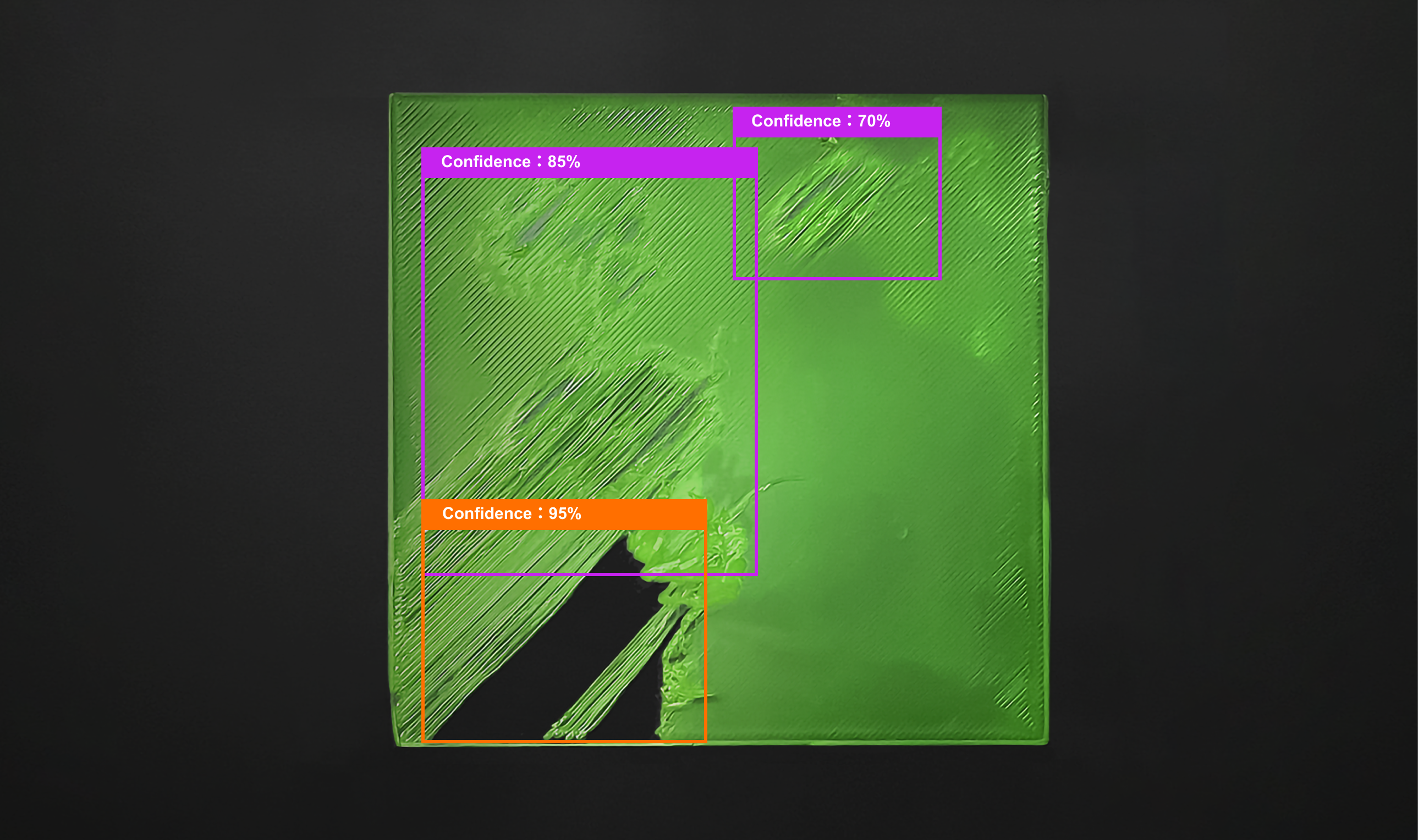 Green 3D-printed object by Bambu X1E showing texture details with confidence levels: 95% (orange), 85% (purple), 70% (pink).
