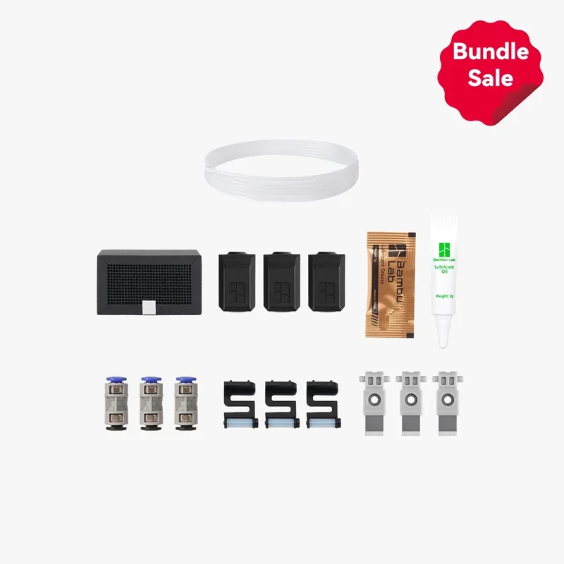 Bambu X1E 3D Printer bundle includes components, clips, oil, and accessories, arranged neatly, with red "Bundle Sale" text in the corner.