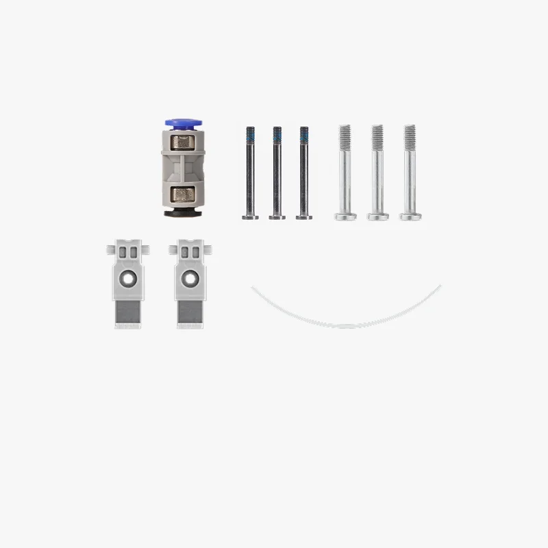 Bambu X1E components set, including screws, clips, and connectors, designed for creating precise 3D printed parts, arranged on a white background.