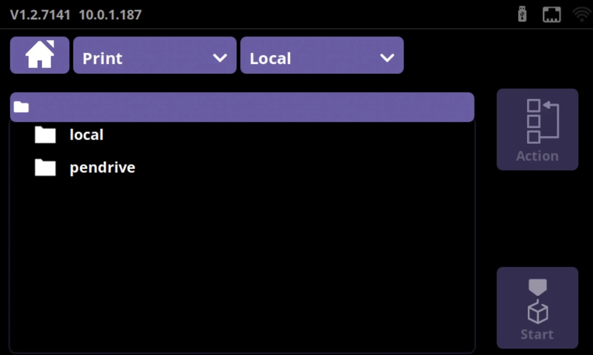 Craftbot Flow IDEX XL screen interface showing file options, local storage, and pendrive selection for 3D printing.
