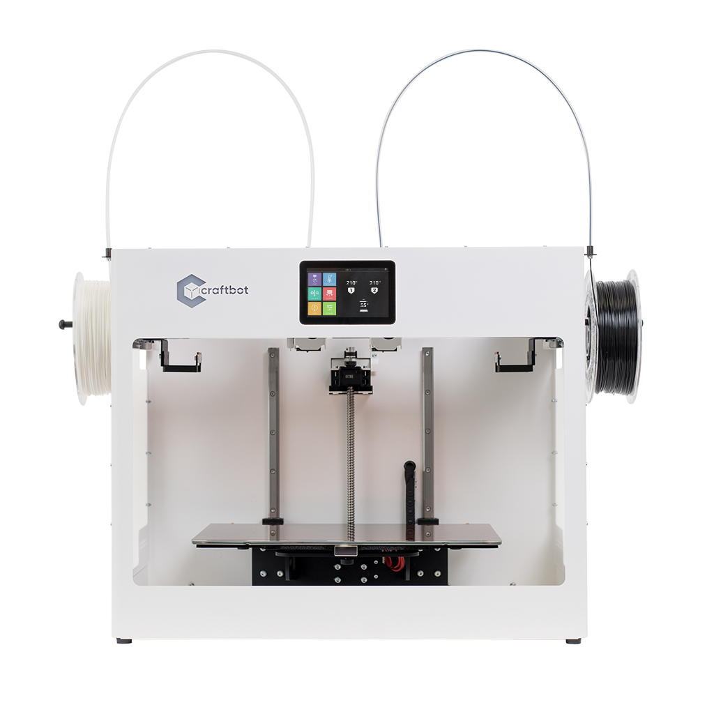 Craftbot Flow IDEX XL 3D printer, featuring a dual extruder setup, touchscreen interface, white casing, and visible filament spools on both sides.