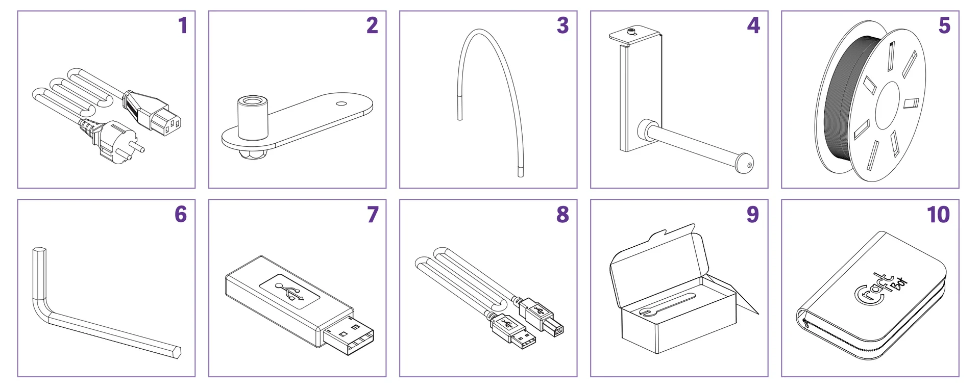 Craftbot Flow IDEX XL parts include power and USB cables, filament spool, and a USB drive, with branding shown on a zippered case.