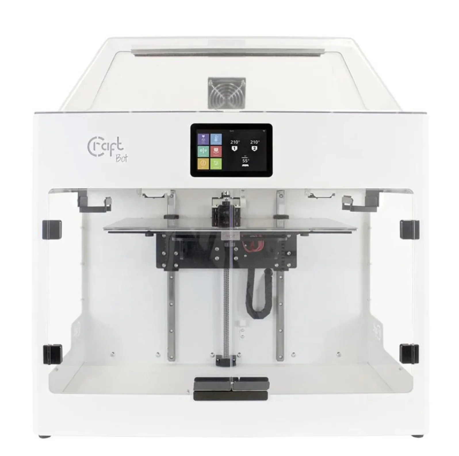Craftbot Flow IDEX XL 3D printer with clear enclosure, dual extruders, and touchscreen display.