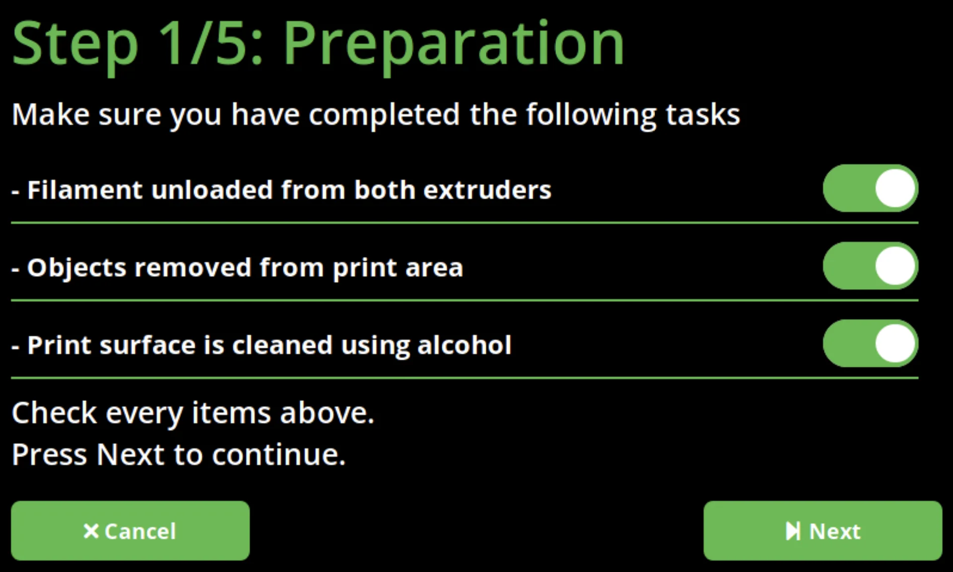Craftbot Flow IDEX XL display shows preparation steps: filament unloading, object removal, and alcohol-cleaned print surface, with status toggles.